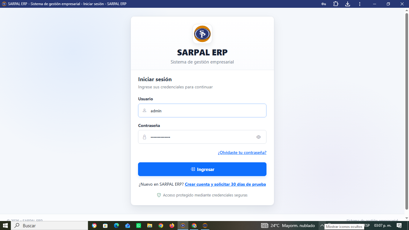 Pantalla real de inicio de sesión de SARPAL ERP