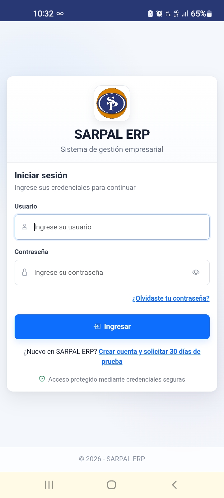 Pantalla móvil de SARPAL ERP: inicio de sesión