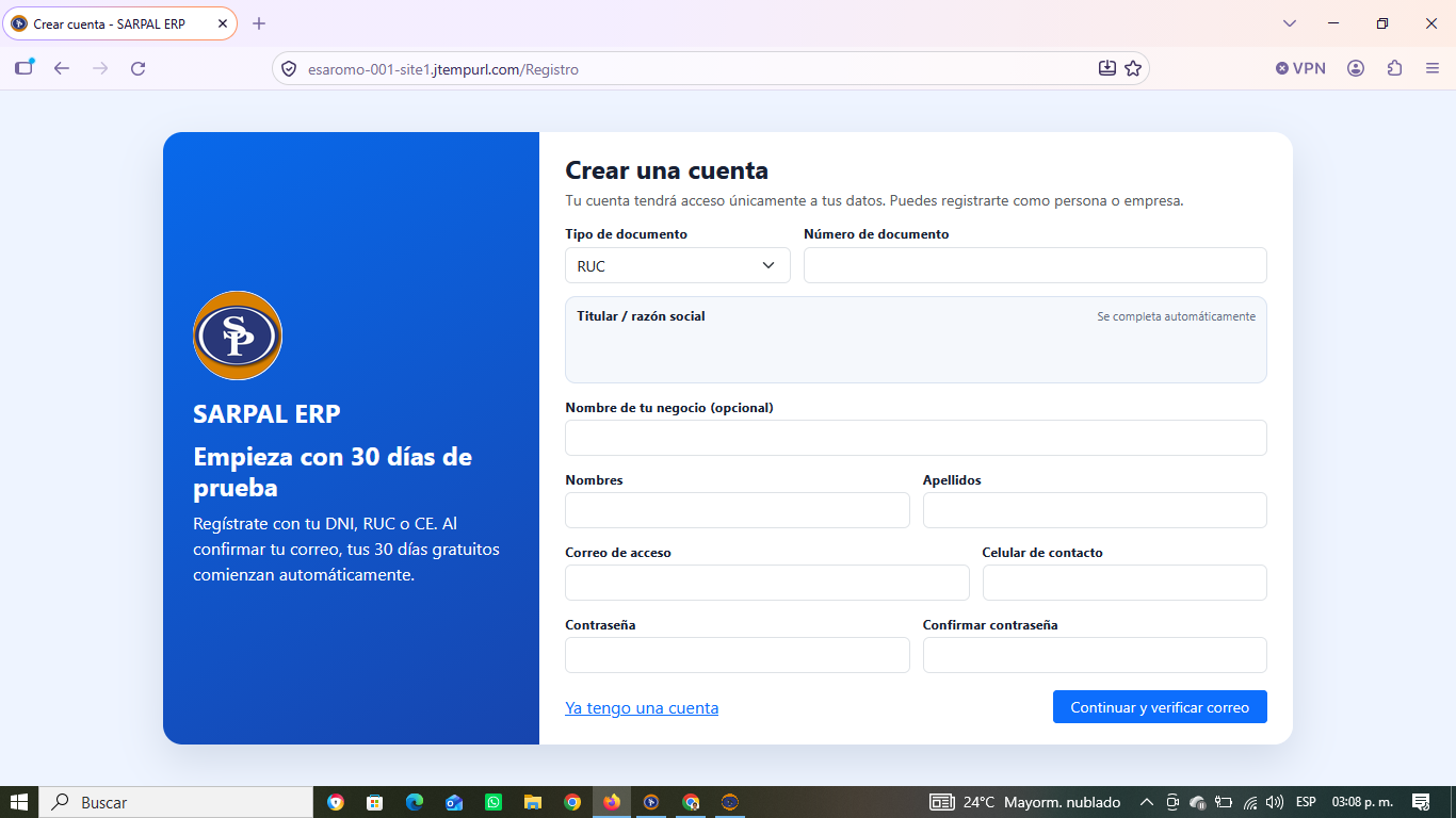 Registro de SARPAL ERP con DNI, RUC o CE y verificación de correo